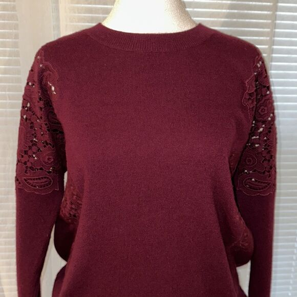 Ted Baker 3 M Tae Burgundy Scoop Neck Merino Wool Shoulder Lace Knit Sweater - Picture 6 of 15